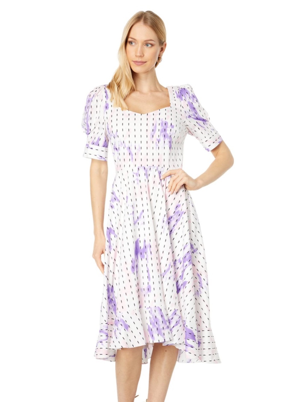 BCBGeneration White Midi Dress with Lavender Watercolor Print
